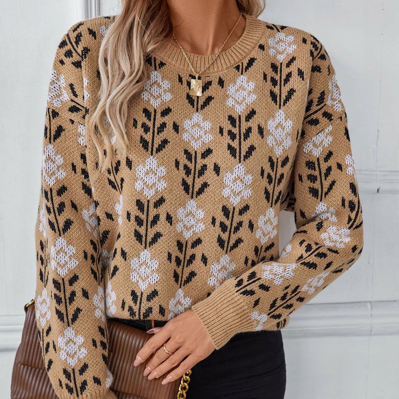 Hoa jacquard cổ áo len kéo áo len
